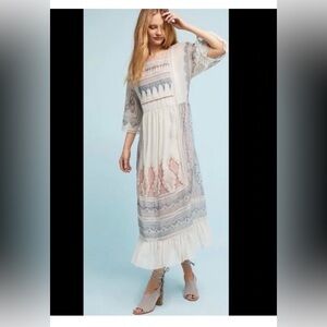Anthropologie Maeve Toronto Womens Boho Embroider Peasant Midi Dress Bell Sleeve